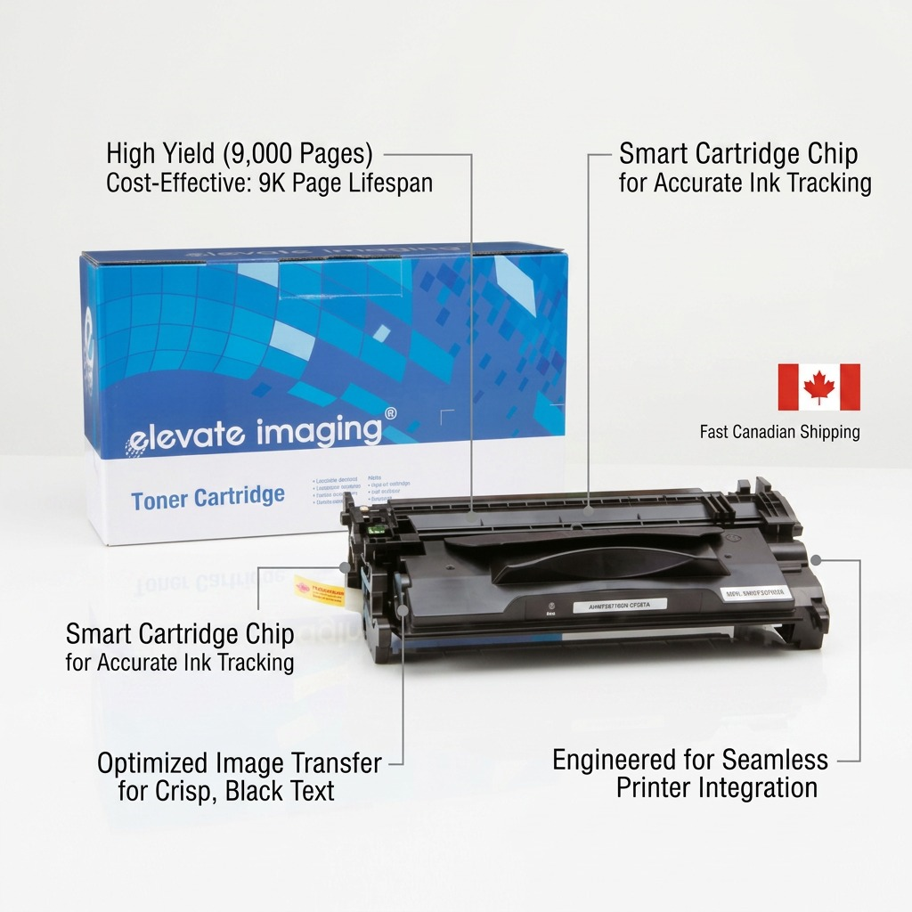 Elevate Imaging compatible toner cartridge and box with feature callout lines highlighting high yield, ink tracking chip, crisp text, and seamless integration.