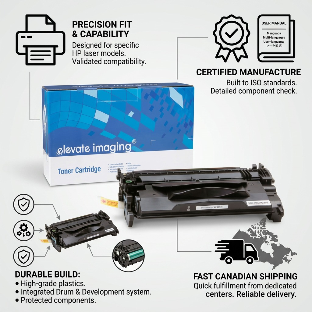 A trust infographic featuring the Elevate Imaging CF287A cartridge with factual cues and icons.