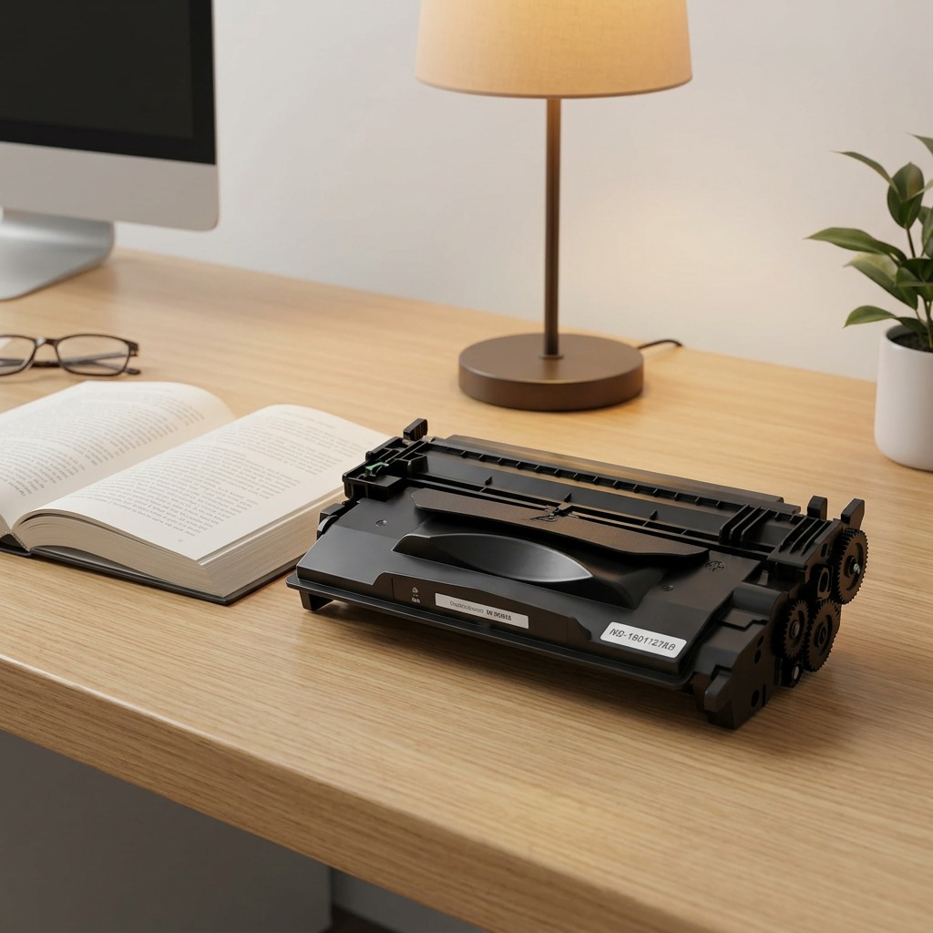 Scale reference photo: black toner cartridge (canonical shape from image_0.png) sitting on a desk next to an open, average-sized hardcover book.