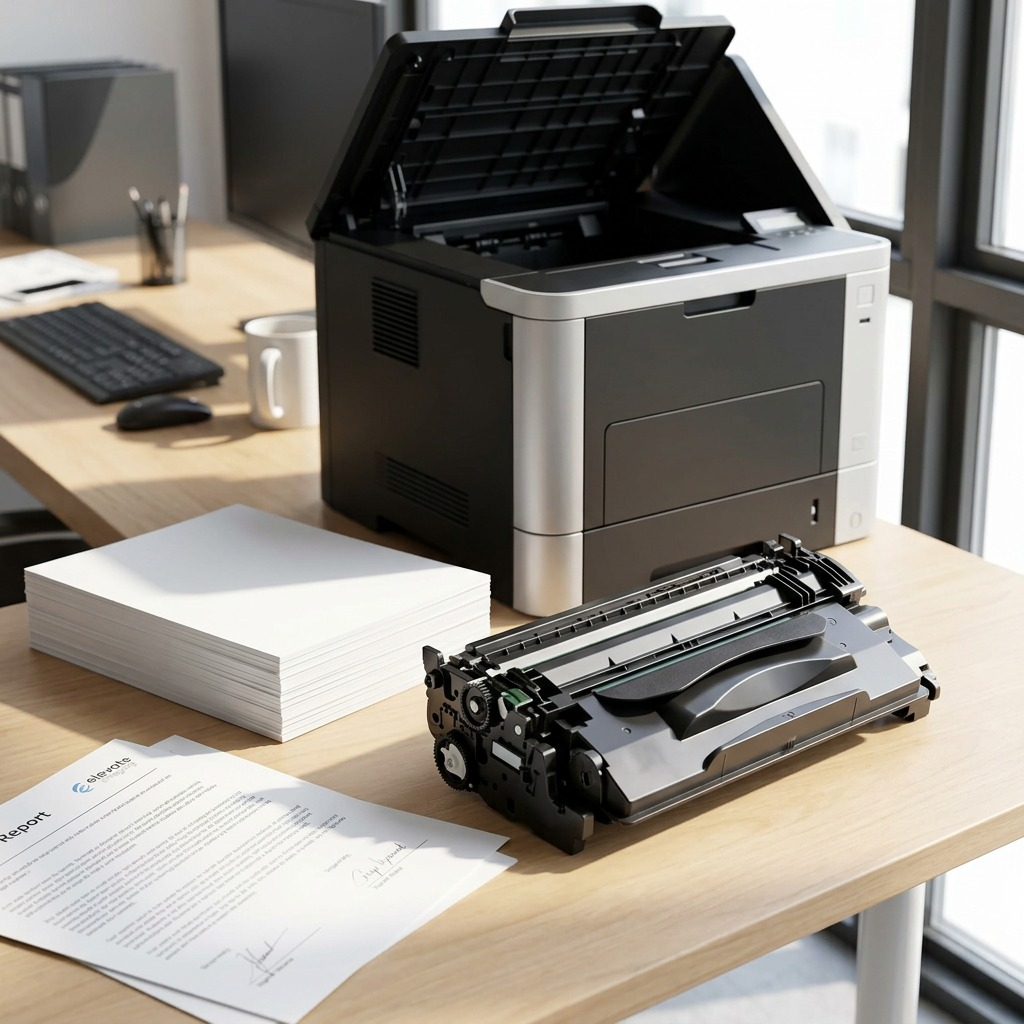 Elevate Imaging AHWF2871B0N-CF287A Toner Cartridge on a modern office desk with papers.