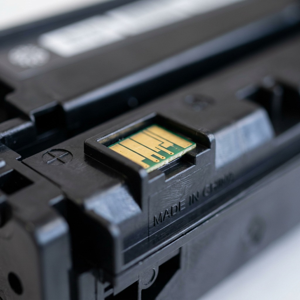 Macro shot focusing on the microchip interface and contact points on a magenta laser toner cartridge.