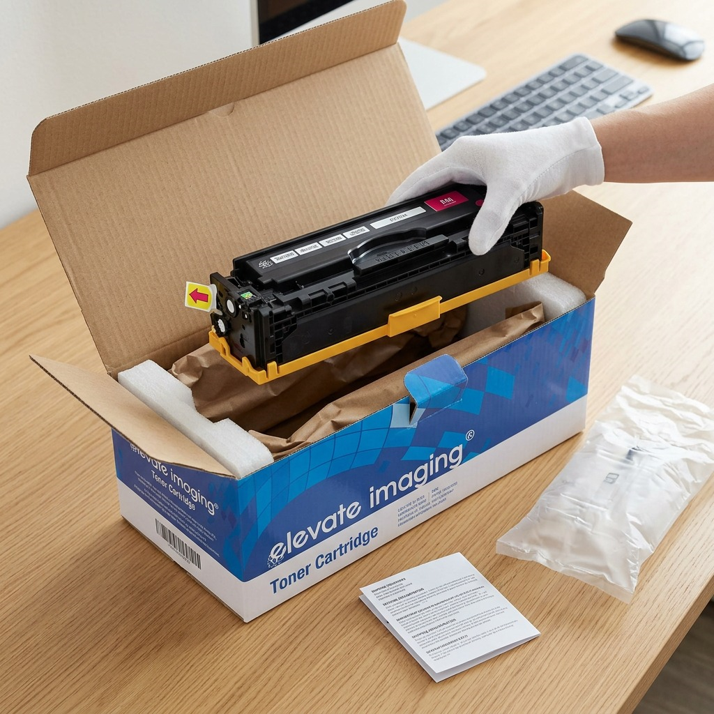 Elevate Imaging HP CF213A toner cartridge carefully unboxed from secure multi-layered packaging.