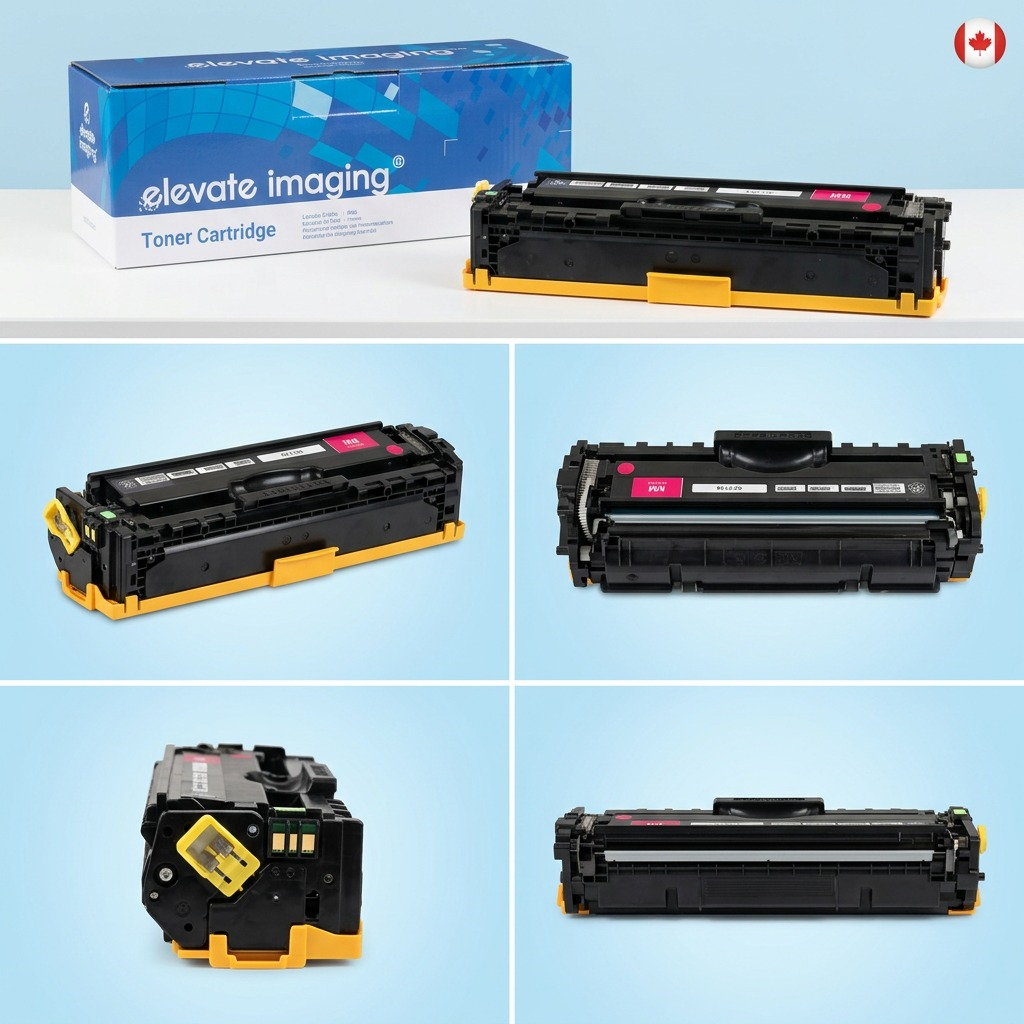 Matrix image displaying five different views of the individual Elevate CF213A magenta toner cartridge.