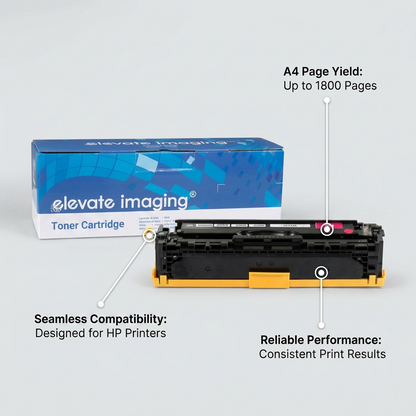 A feature graphic for the Reman HP CF213A toner, with pointers highlighting the 1,800-page yield and seamless printer compatibility.