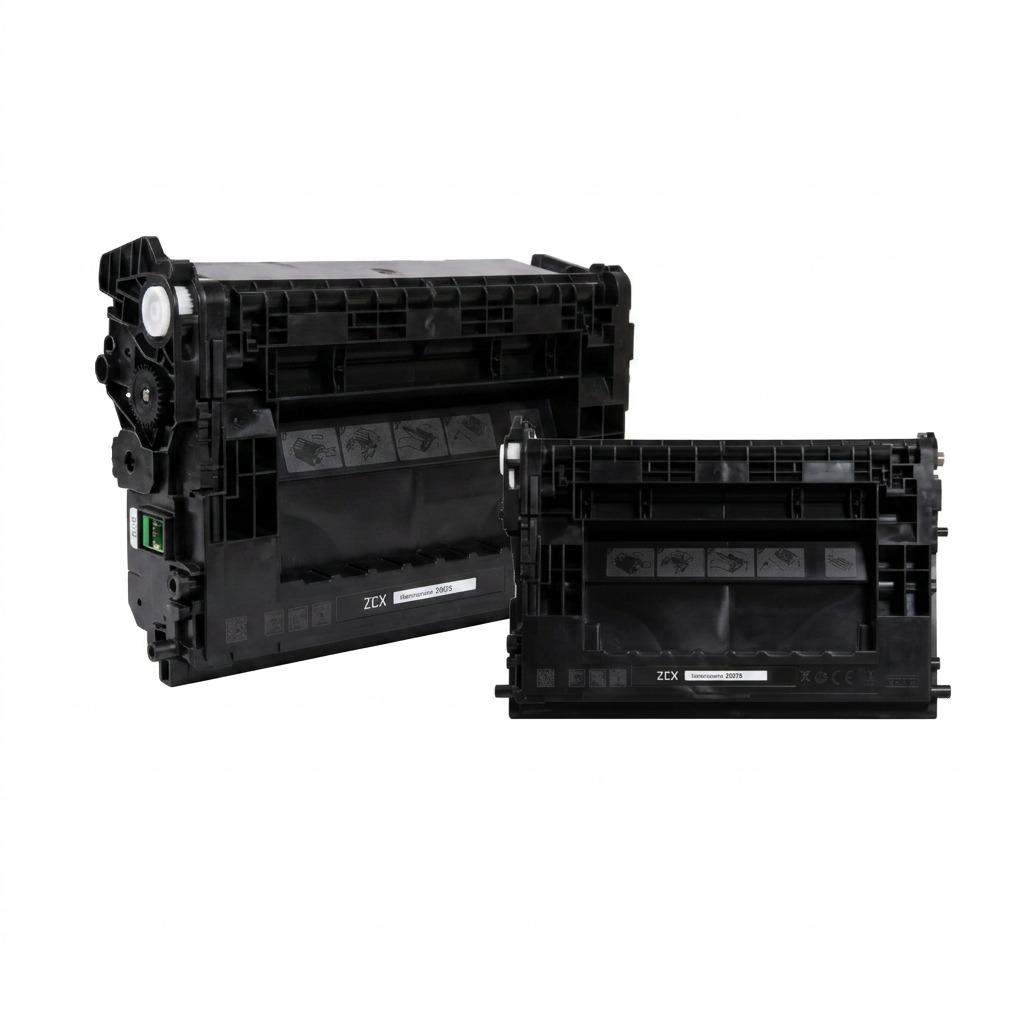 A high-resolution ecommerce hero shot of the black Elevate Imaging laser toner cartridge centered on a pure white background. The intricate details of its plastic structure and components are clearly visible.