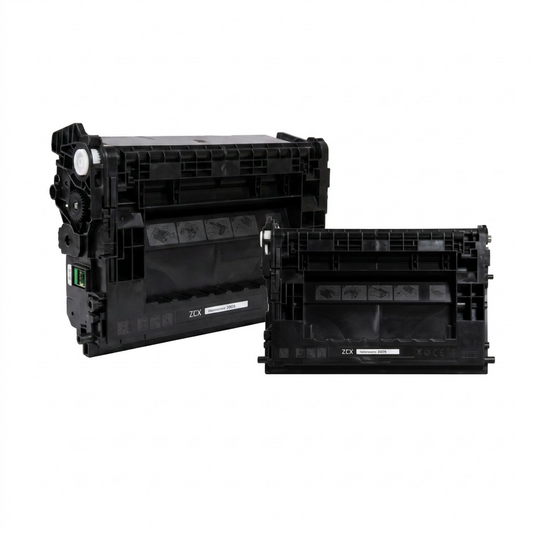 A high-resolution ecommerce hero shot of the black Elevate Imaging laser toner cartridge centered on a pure white background. The intricate details of its plastic structure and components are clearly visible.