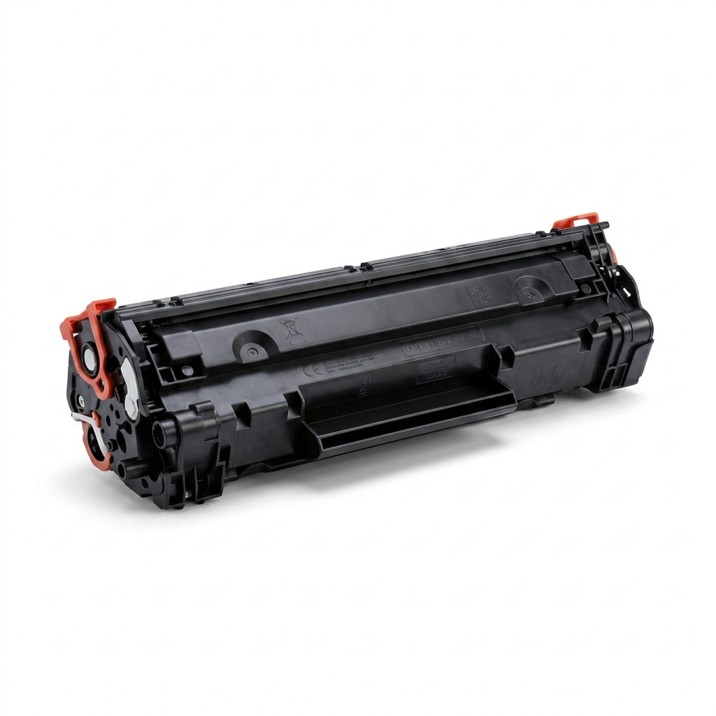 A crisp, central product photo of a black laser toner cartridge on a pure white background, showcasing its intricate details.