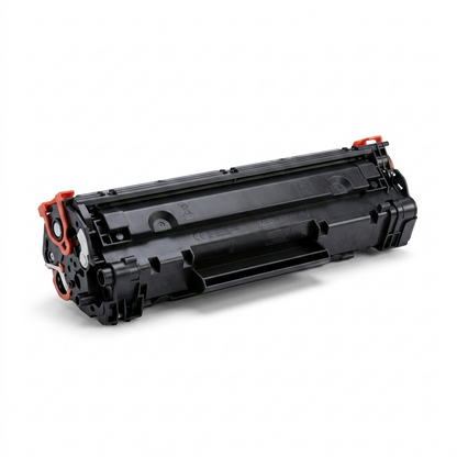 A crisp, central product photo of a black laser toner cartridge on a pure white background, showcasing its intricate details.