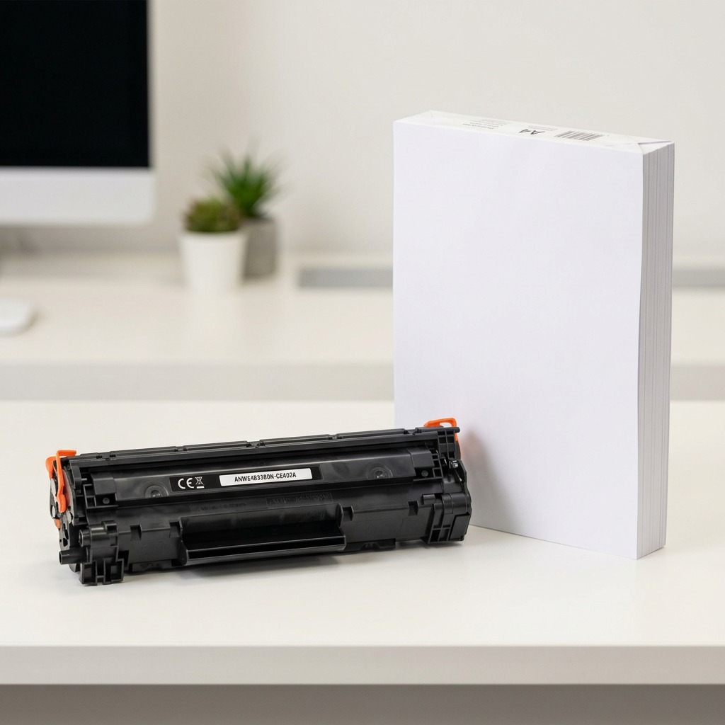 PDP scale reference image of the AHWE4033B0N-CE403A toner cartridge beside a stack of A4 paper.