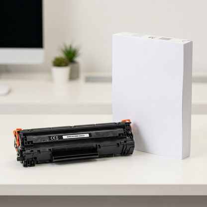 PDP scale reference image of the AHWE4033B0N-CE403A toner cartridge beside a stack of A4 paper.