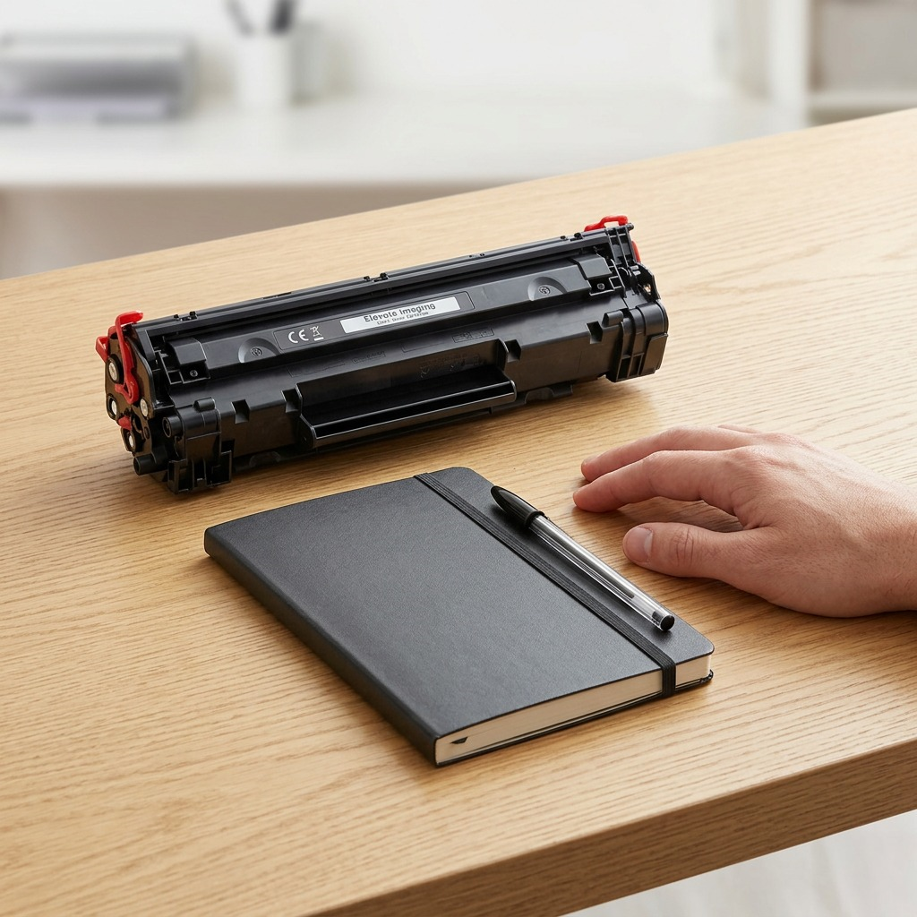 A specific black and red toner cartridge beside an open Moleskine notebook and pen for scale reference.