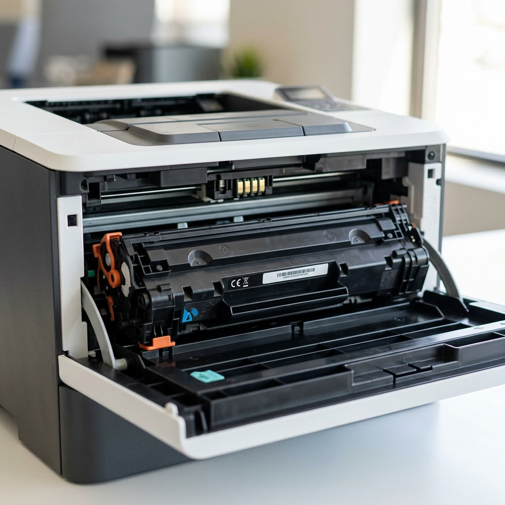 A close-up shot of the Elevate Imaging CE261A toner cartridge installed inside a laser printer.