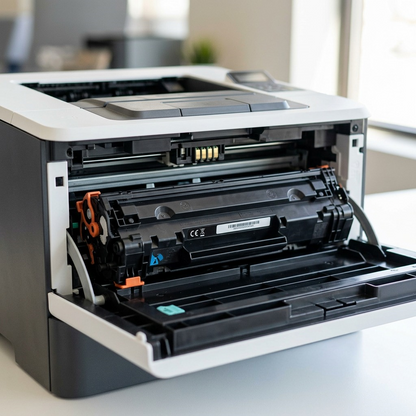 A close-up shot of the Elevate Imaging CE261A toner cartridge installed inside a laser printer.