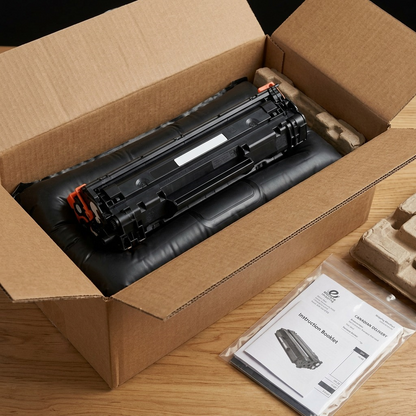 Visual matrix image of Elevate Imaging HP CE261A toner, securely unboxed on a natural wood surface.