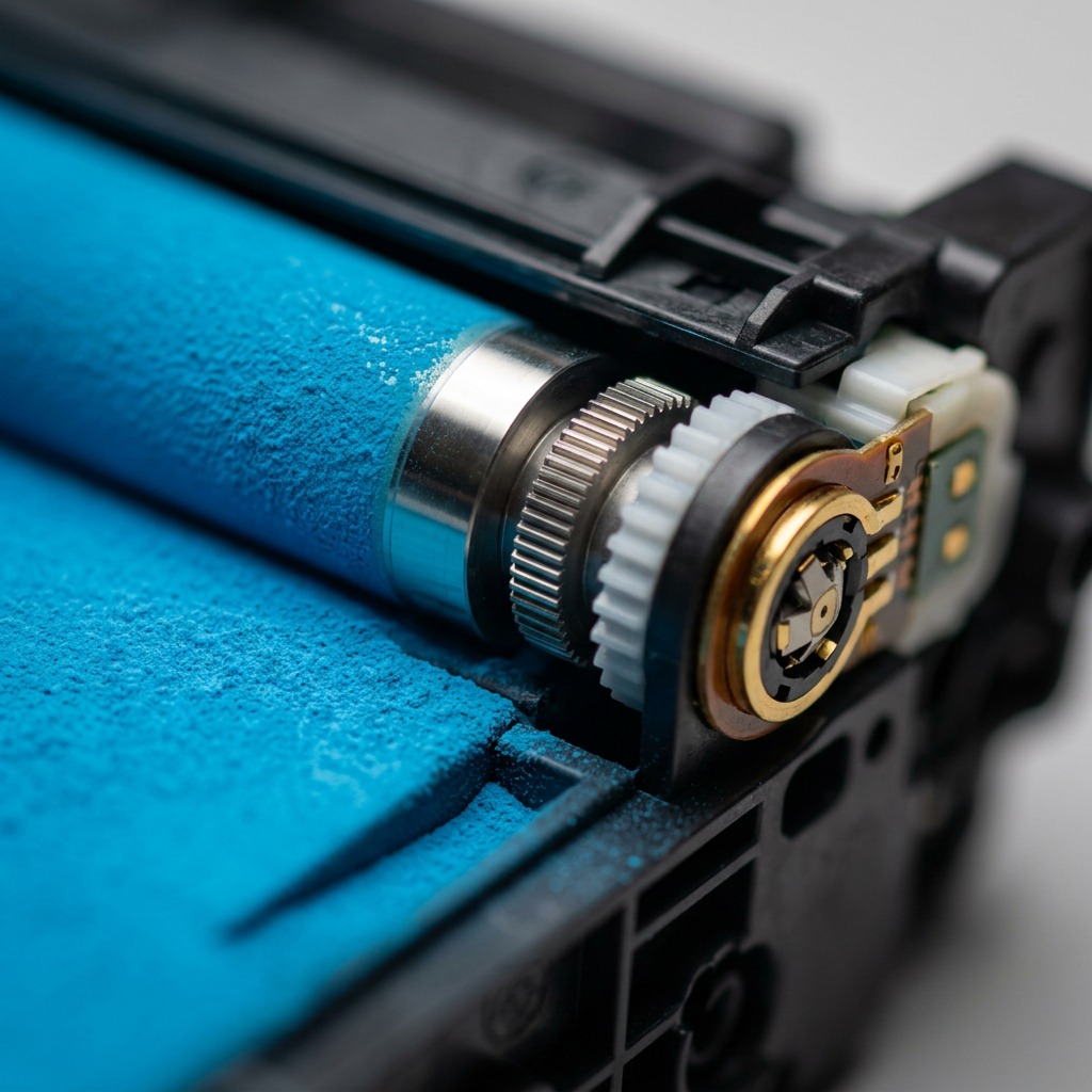 Extreme macro view of the HP CE261A toner cartridge's magnetic roller, revealing the precise texture of the cyan toner on the drum.