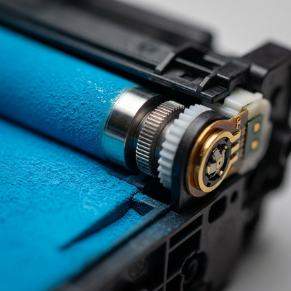 Extreme macro view of the HP CE261A toner cartridge's magnetic roller, revealing the precise texture of the cyan toner on the drum.