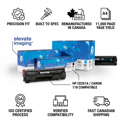Infographic for Elevate Imaging HP CE261A toner showing specs, standard certifications, and fast Canadian shipping.
