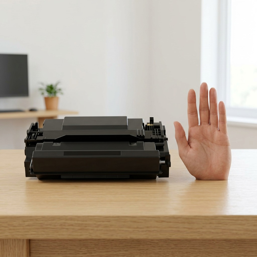 A scale comparison image shows the black toner cartridge next to a human hand on a wooden desk.