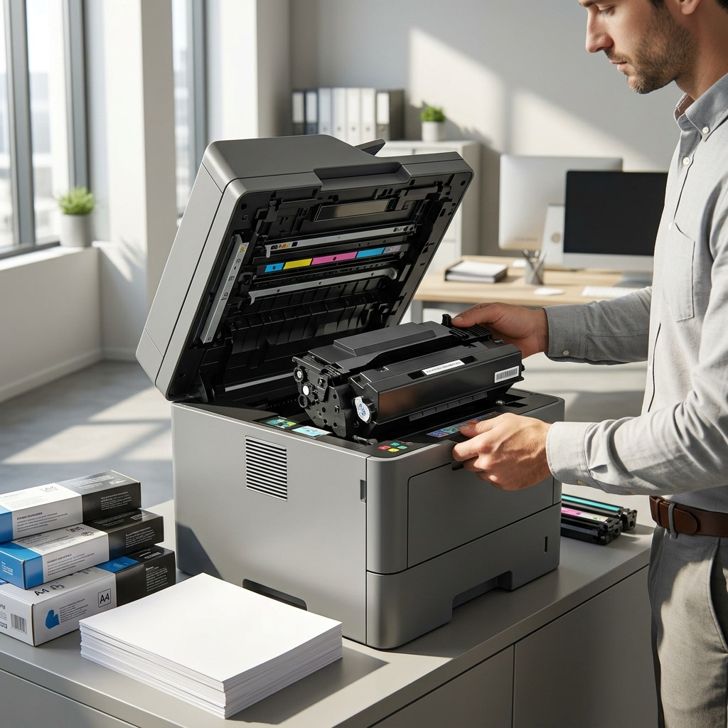 Lifestyle photo in neutral office: A person is installing the Elevate Imaging laser toner cartridge into a large A4 office printer, positioned with a realistic scale. No text.