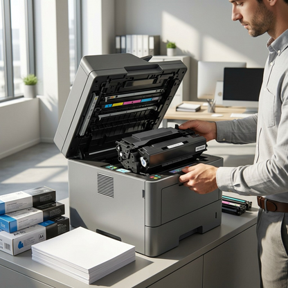 Lifestyle photo in neutral office: A person is installing the Elevate Imaging laser toner cartridge into a large A4 office printer, positioned with a realistic scale. No text.