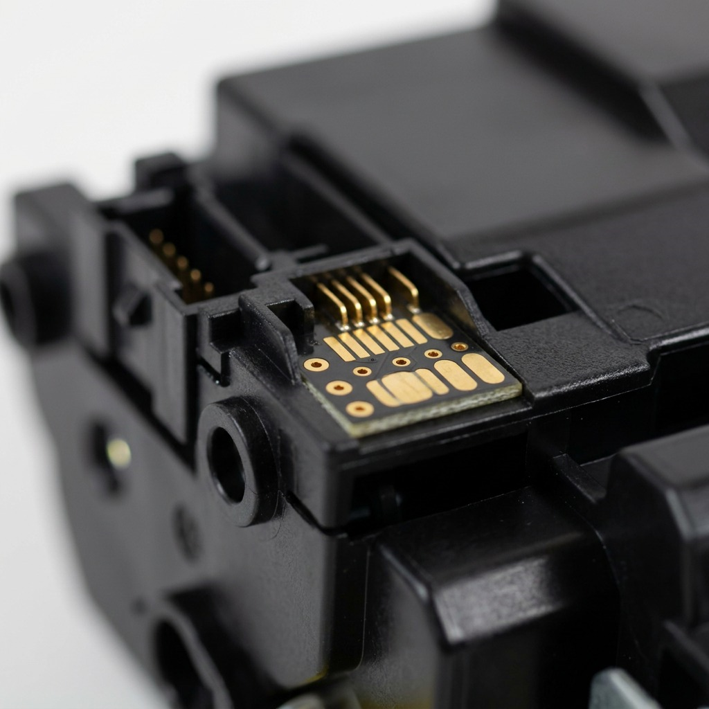 Extreme macro detail showing the gold contacts and chip interface on a laser toner cartridge.