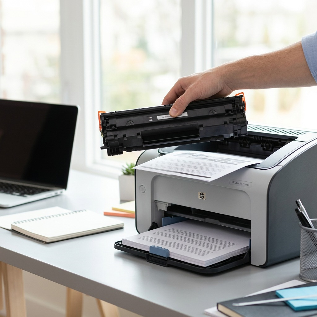 A realistic photo of the Elevate Imaging CF283A toner cartridge installed in a laser printer, printing a document in an office.