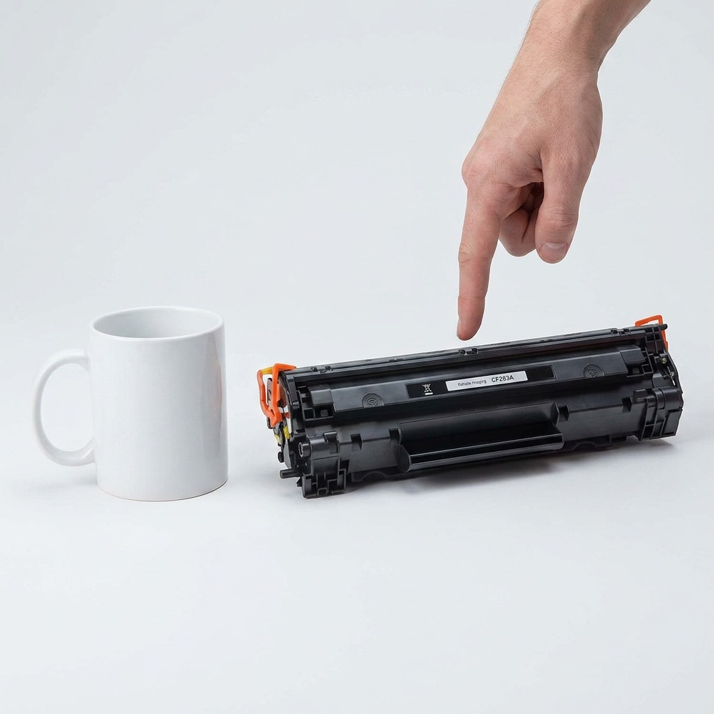 Elevate Imaging CF283A cartridge and a coffee mug, shown with a finger for scale.