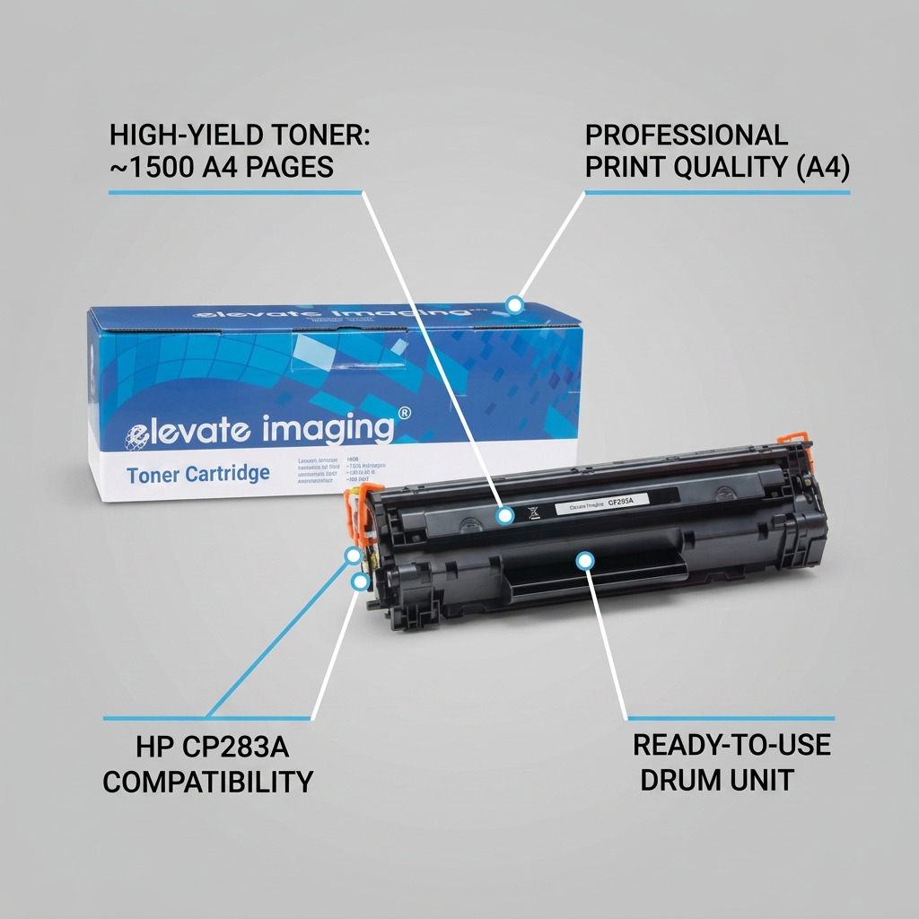 Elevate Imaging visual matrix with callouts for 1500-page yield and HP CF283A compatiblity.