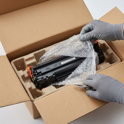 A realistic unboxing scene showing the Elevate Imaging CF283A toner cartridge securely protected by custom-molded pulp inserts and clear bubble wrap within a sturdy shipping carton, being carefully handled.