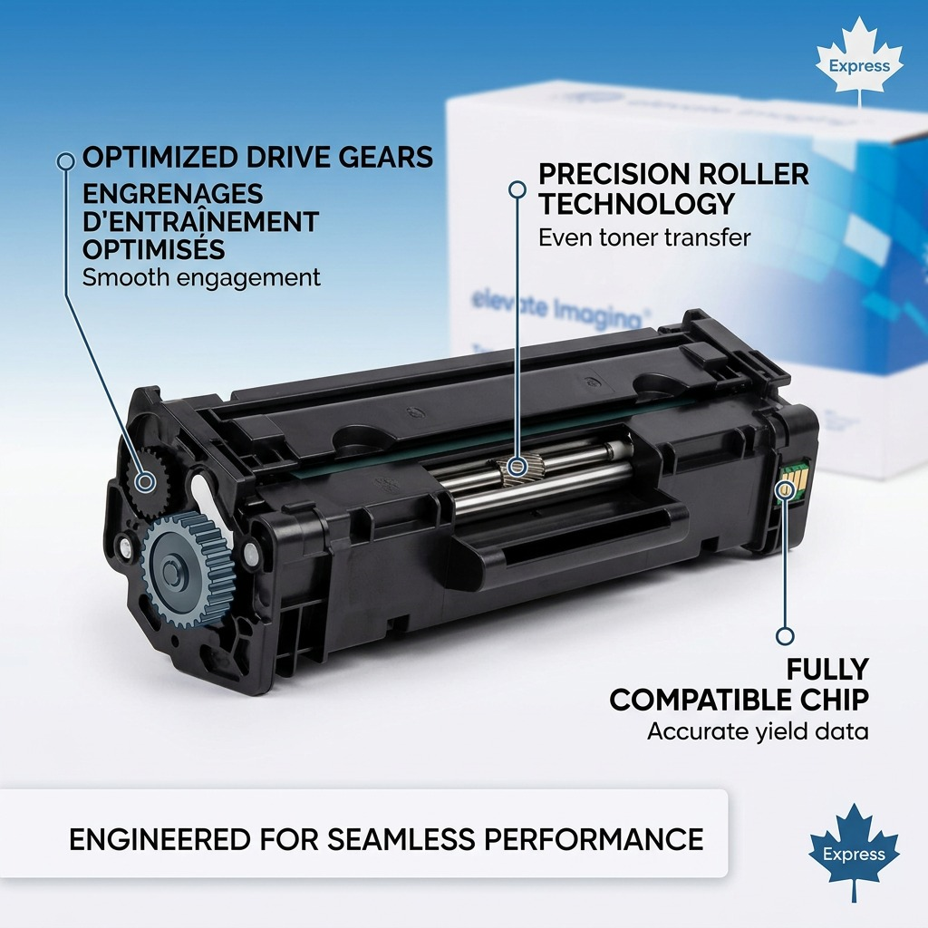 Elevate Imaging Compatible HP CF237X toner cartridge graphic detailing drive gears, precision roller technology, and fully compatible chip for a 25,000-page yield. Includes French and English callouts and the Canadian Express shipping badge.