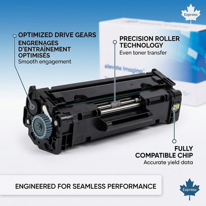 Elevate Imaging Compatible HP CF237X toner cartridge graphic detailing drive gears, precision roller technology, and fully compatible chip for a 25,000-page yield. Includes French and English callouts and the Canadian Express shipping badge.