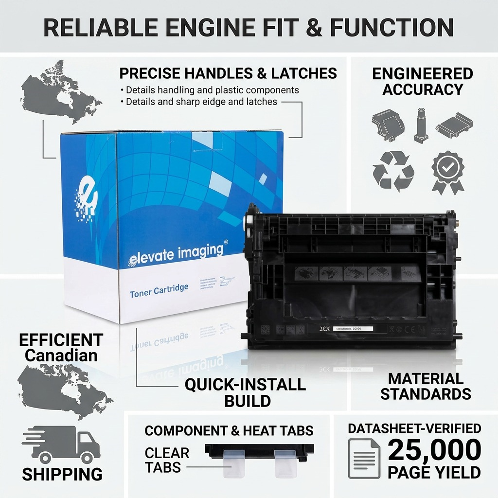 Elevate Imaging HP CF237X toner trust infographic highlighting 25K yield, Canadian fit, and material standards.