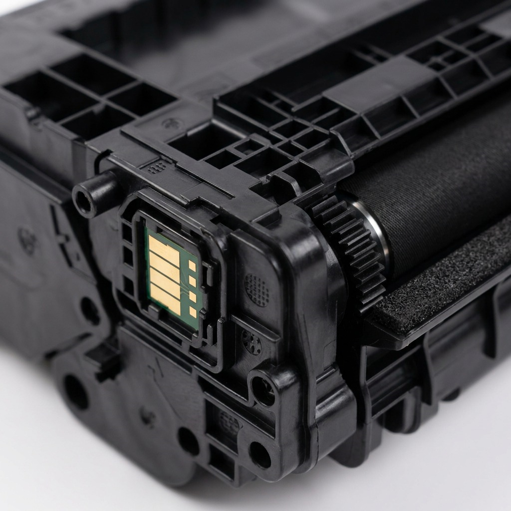 Extreme macro view of the complex black plastic molding and electronic chip contacts on the HP CF237X compatible toner cartridge.