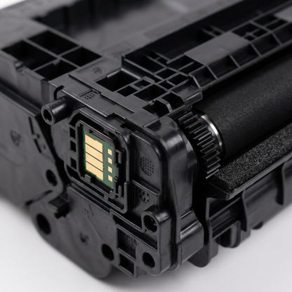 Extreme macro view of the complex black plastic molding and electronic chip contacts on the HP CF237X compatible toner cartridge.