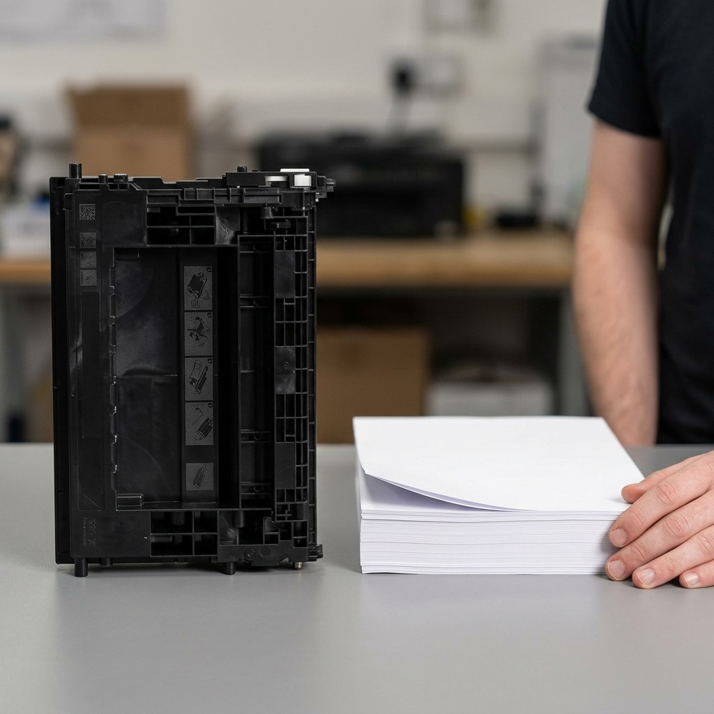 A scale reference view showing the Elevate compatible CF237X toner cartridge beside a person's hand on a desk.