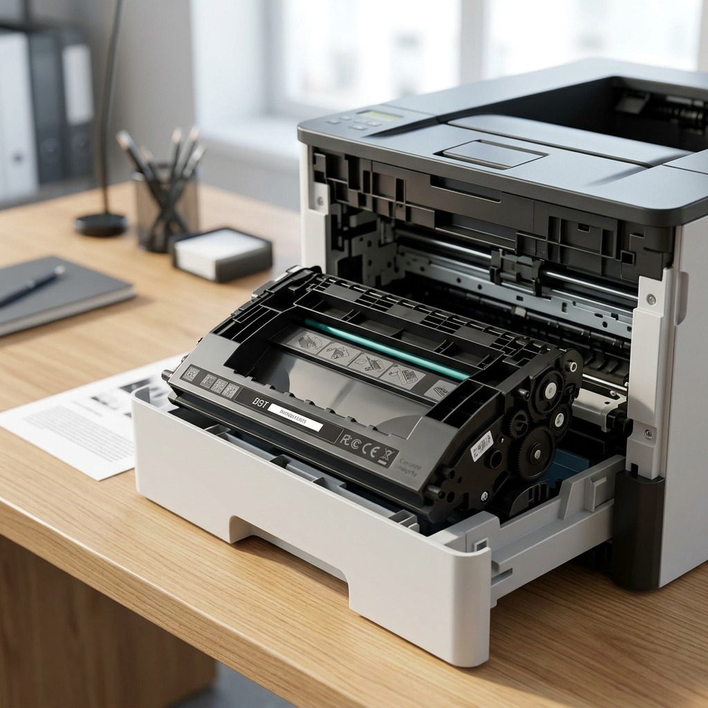 A close-up photograph of an Elevate Imaging CF237X high-yield black toner cartridge, maintaining its exact physical structure and label details as seen in the reference, sitting on a natural wood office desk, with an open laser printer partially visible and soft, neutral lighting. A single sheet of paper with text is nearby, indicating use without showing the package. The background is softly blurred.