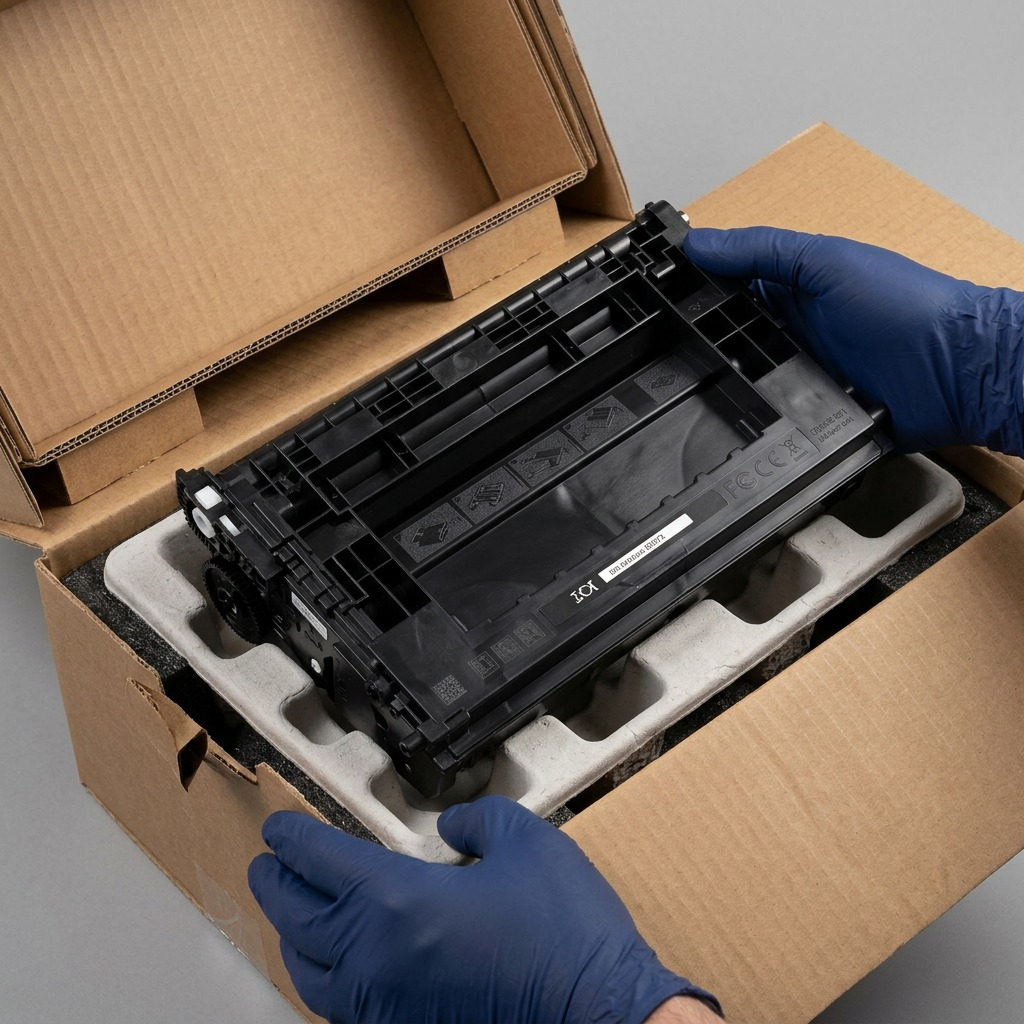 A premium unboxing view of the black laser toner cartridge, nestled securely in a custom shipping form.