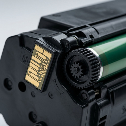 Macro shot of the toner cartridge's photosensitive drum and electrical contacts.