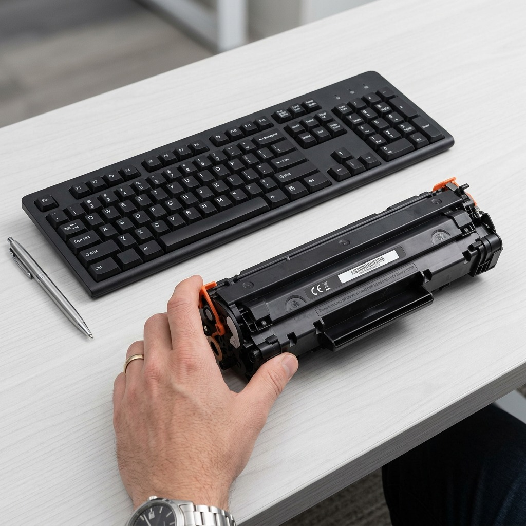 A scale-reference shot showing the Elevate Imaging laser toner cartridge next to a standard computer keyboard and pen on a light office desk surface, illustrating its compact size. Product-only, no packaging.