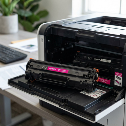 A realistic photo of the Elevate Imaging Remanufactured HP Q6463A magenta toner cartridge installed in a clean office printer, bathed in natural light. A tray of fresh paper sits nearby. The packaging is not shown. The focus is on the correct printer/cartridge pair for the MPN: AHW64633B0RC-Q6463A. The scene is clutter-free. The printer brand isn't identifiable, allowing universal applicability, but the cartridge color 'magenta' is clearly visible through the cartridge/bay.