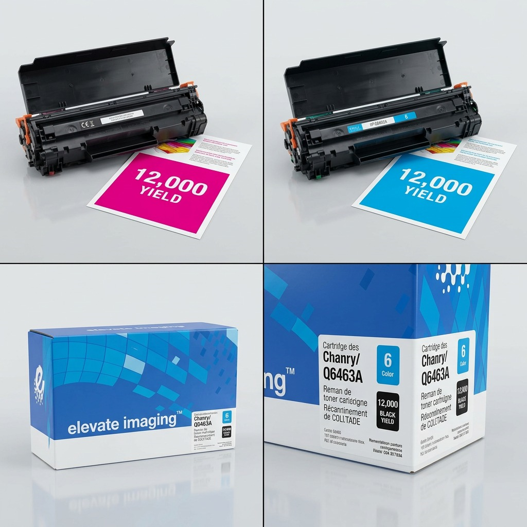 Elevate Imaging Q6463A toner variant matrix: showing magenta results, black cartridge, and packaging.