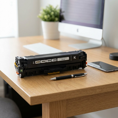 A photo of the black toner cartridge next to a standard AA battery. The cartridge is oriented horizontally, showcasing its intricate details and precise size comparison. Both items rest on a clean, light wood surface under natural, accurate lighting. The background is a gently blurred workshop environment, emphasizing the product's function. No text or logos.