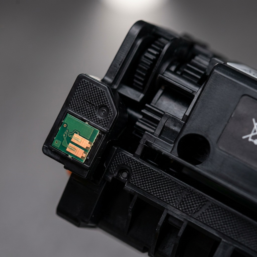Extreme close-up of the green chip and gold contacts on the black toner cartridge end.