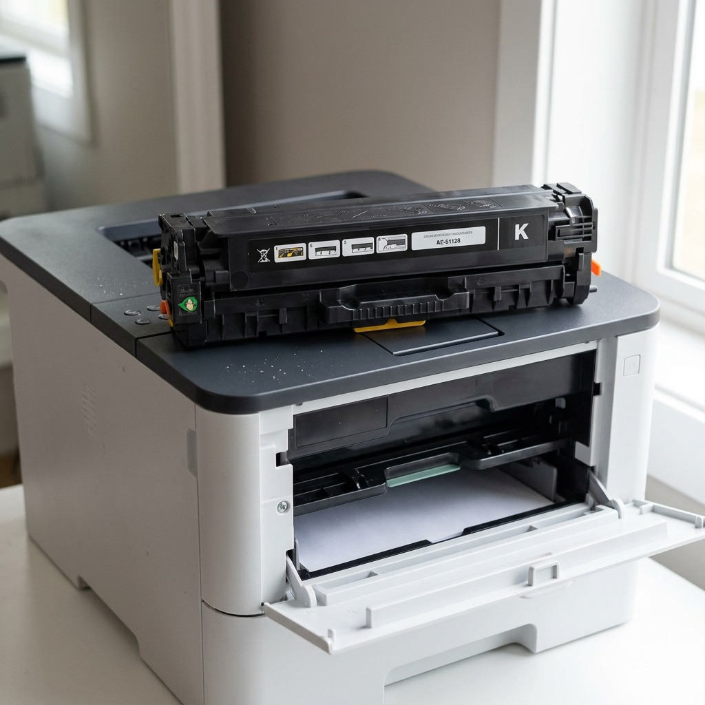 A detailed view of the black Elevate Imaging laser toner cartridge on a clean desk next to a printer.