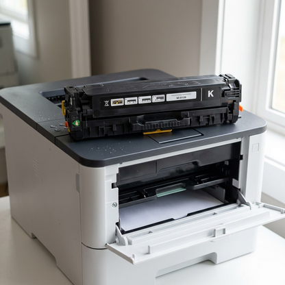 A detailed view of the black Elevate Imaging laser toner cartridge on a clean desk next to a printer.