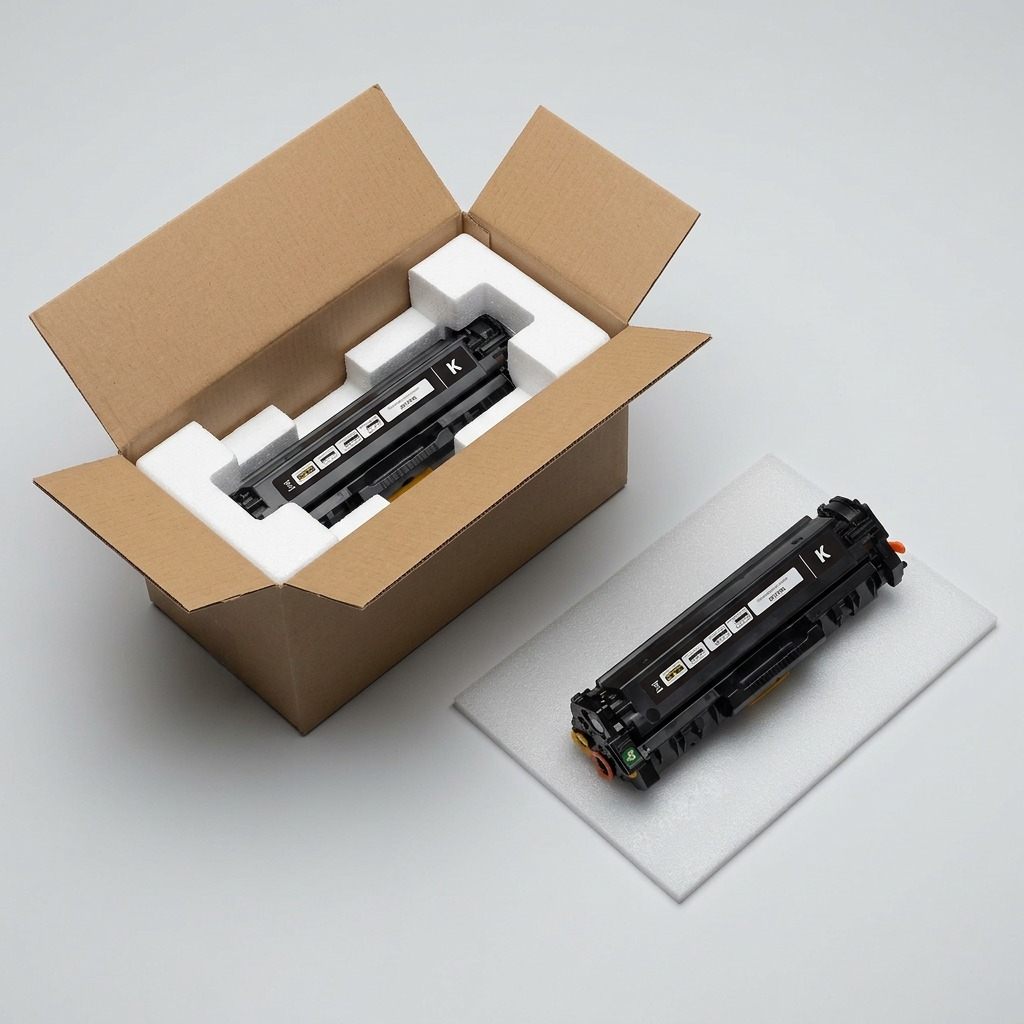 A pristine black toner cartridge, labeled with a 'K' and distinct markings, fits perfectly within custom protective foam inside a sturdy cardboard shipping box, guaranteeing damage-free delivery.