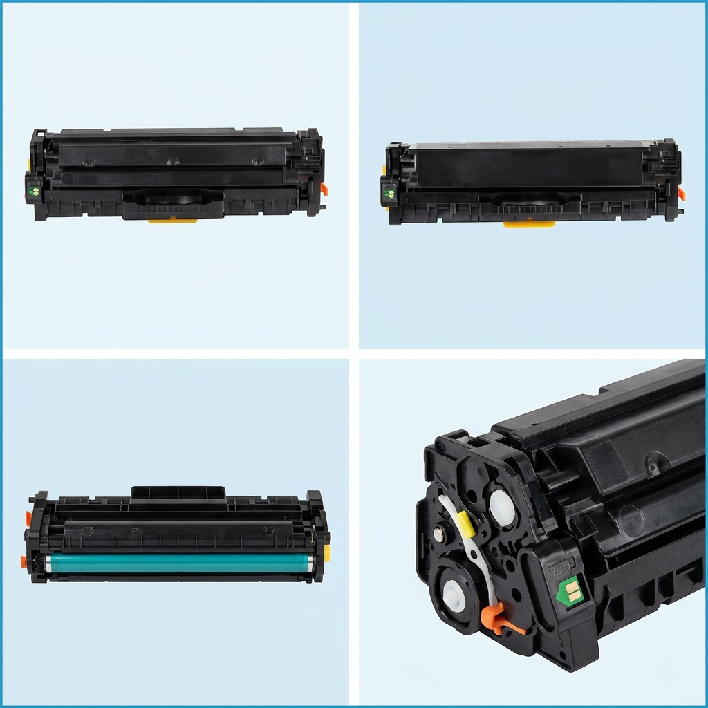 An elegant, brand-aligned four-panel grid showcasing the black toner cartridge from multiple precise angles on neutral backgrounds.