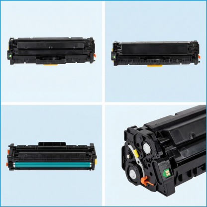 An elegant, brand-aligned four-panel grid showcasing the black toner cartridge from multiple precise angles on neutral backgrounds.