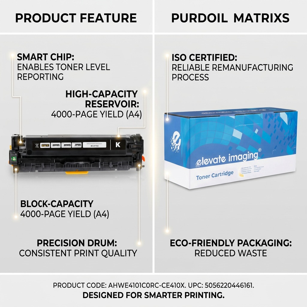 Technical infographic highlighting key features and benefits of the Elevate Imaging HP CE410X toner.