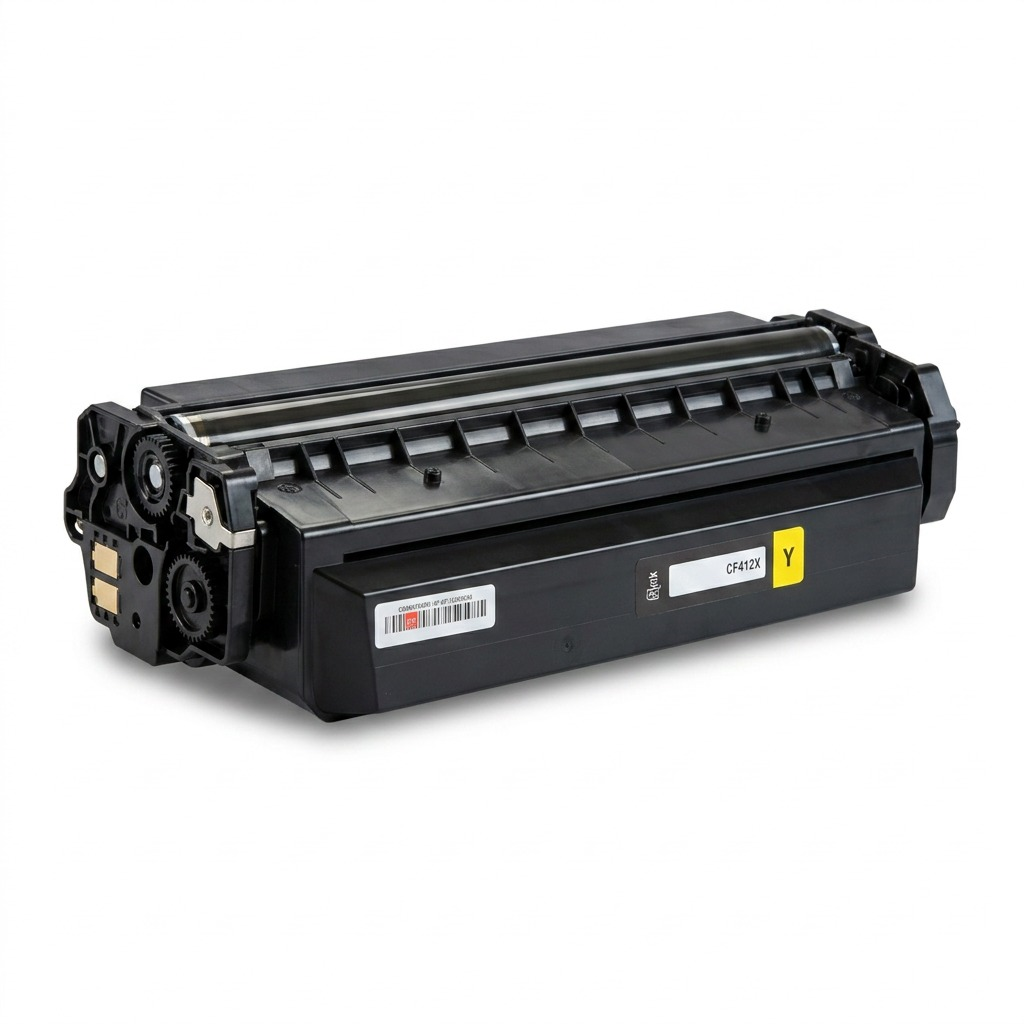 A high-resolution hero shot of the Elevate Imaging Compatible HP CF412X yellow toner cartridge.